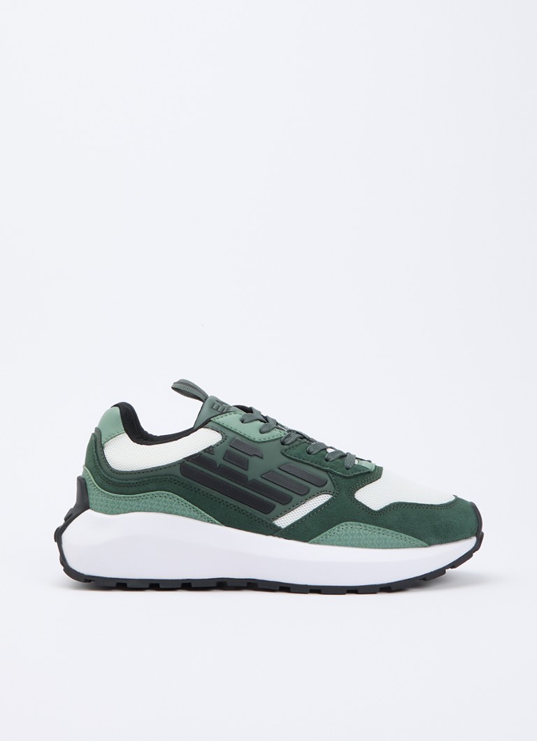 Armani Heren Sneaker van suède met details van mesh in de kleur Donkergroen