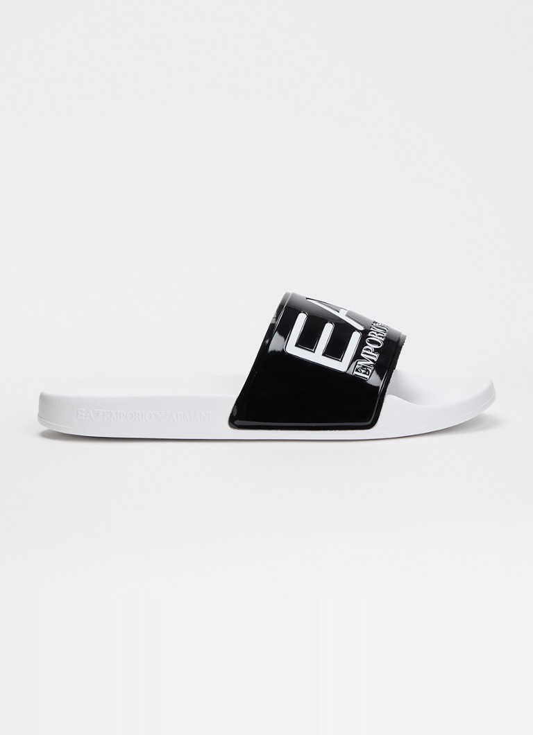 Armani Heren Slipper met lakfinish en logo in de kleur Zwart