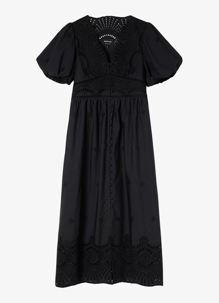 Whistles Dames Midi blousejurk met broderie en pofmouw in de kleur Zwart