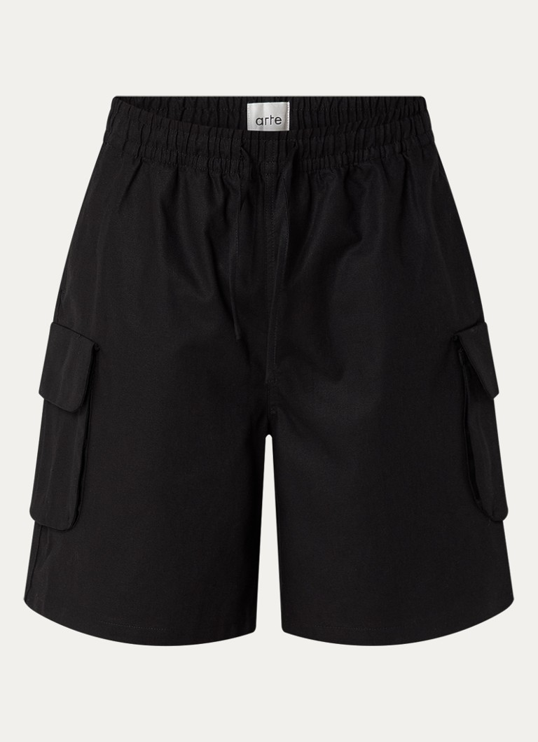 Arte Antwerp Heren Straight fit korte cargobroek in linnenblend in de kleur Zwart, maat: S