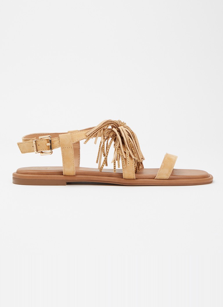 Dune London Dames Lysia sandaal van suède met strass en franjes in de kleur Camel
