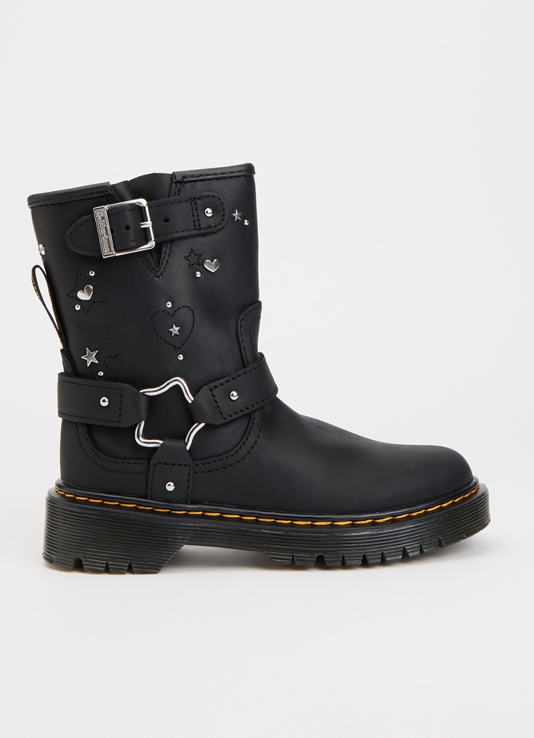 Dr. Martens Meisjes Ganaya biker boot van leer met studs en doorgestikte details in de kleur Zwart, maat: EU33