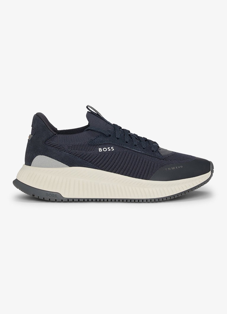 BOSS Heren Sneaker met gebreid bovenwerk en suède details in de kleur Indigo