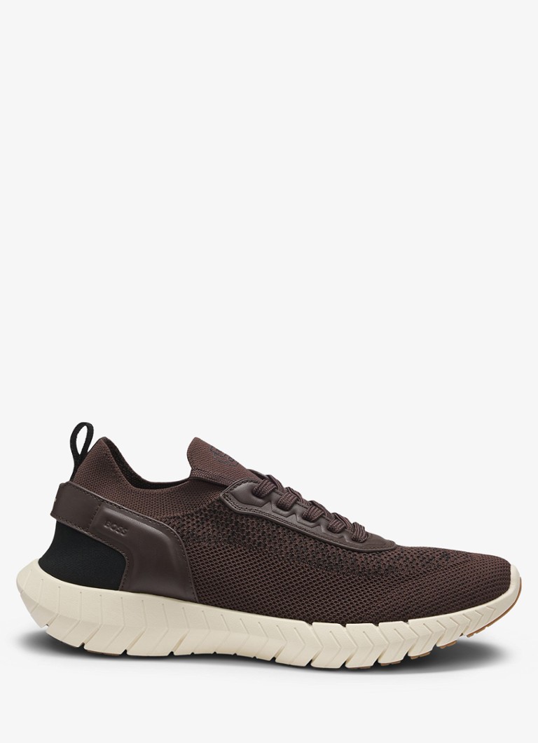 BOSS Heren Sneaker met gebreid bovenwerk en logo in de kleur Donkerbruin