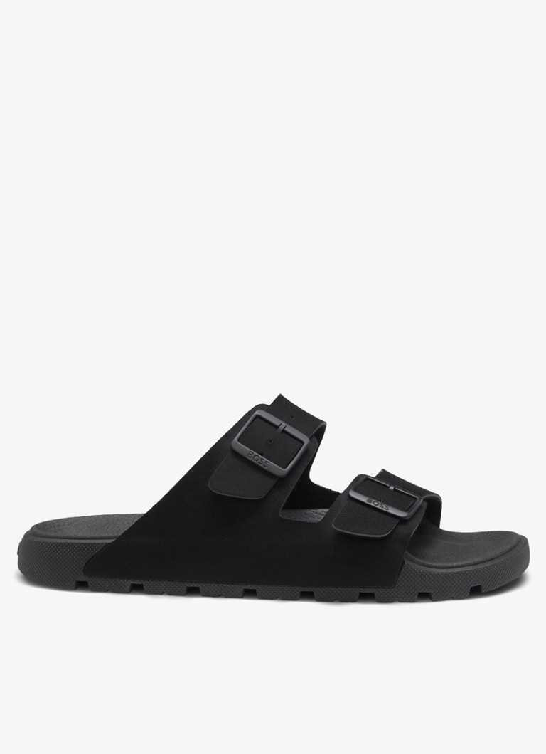 BOSS Heren Slipper met logo en gespdetail in de kleur Black-001 / Zwart