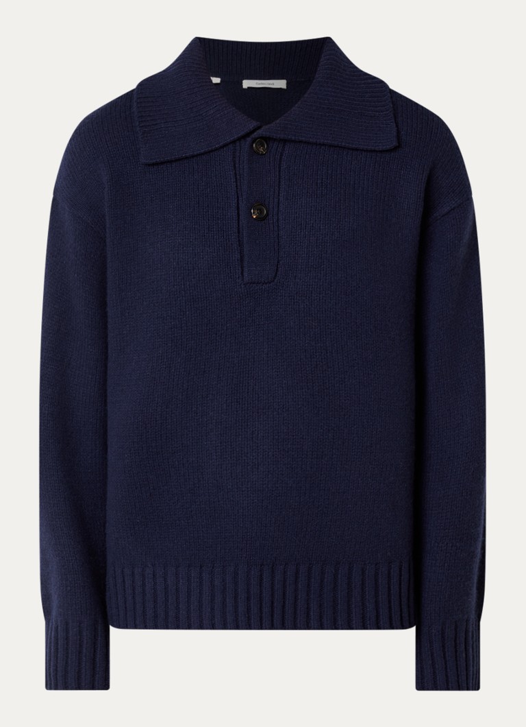 Selected Heren Cody fijngebreide polo in wolblend in de kleur Donkerblauw, maat: S