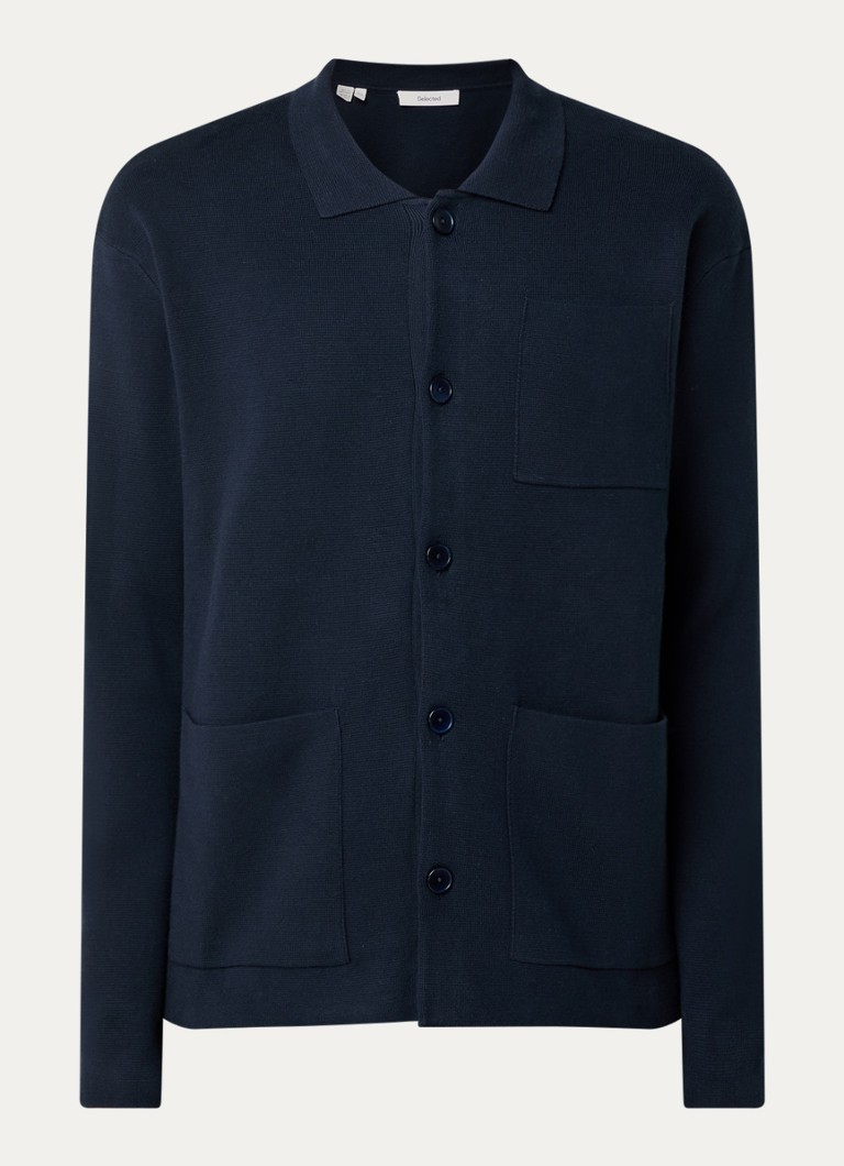 Selected Heren Mike fijngebreide overhemd met borstzak in de kleur Donkerblauw, maat: L