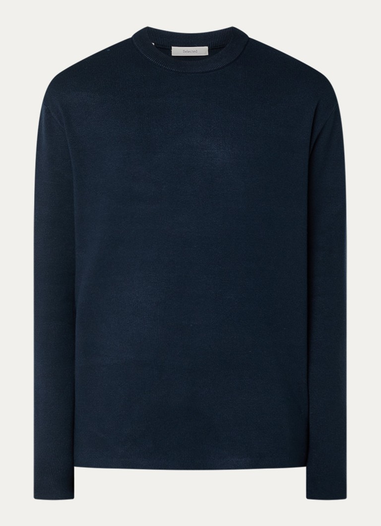 Selected Heren Teller fijngebreide pullover met ronde hals in de kleur Donkerblauw, maat: S