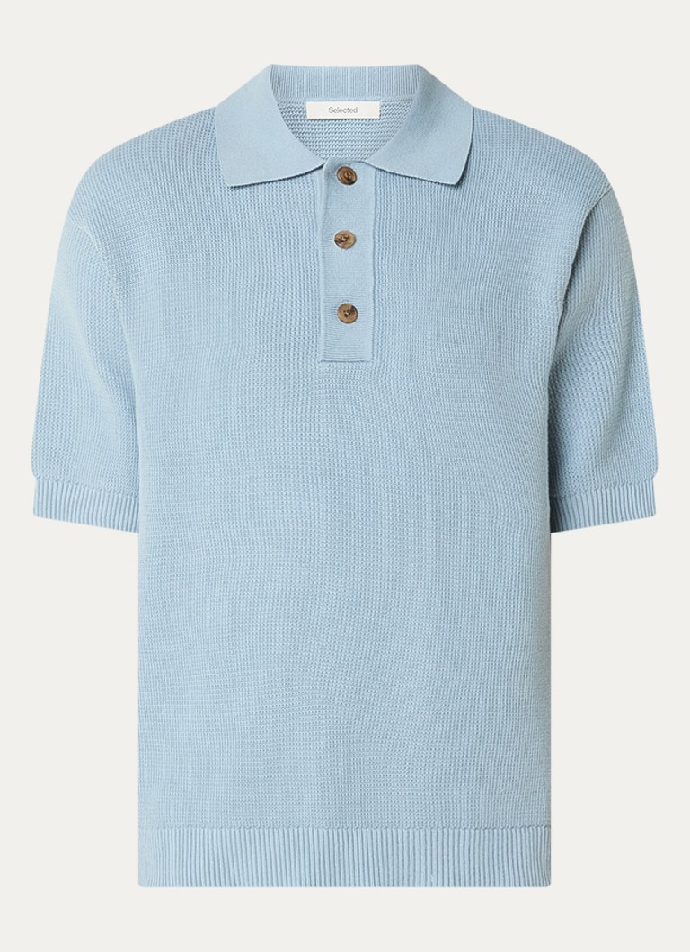 Selected Heren Dane fijngebreide polo met stretch in de kleur Lichtblauw, maat: S
