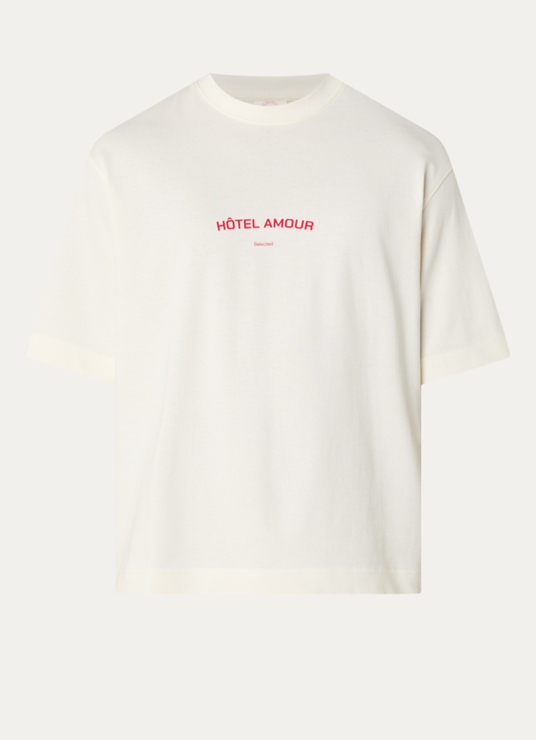 Selected Heren Liam T-shirt met front- en backprint in de kleur Creme, maat: S