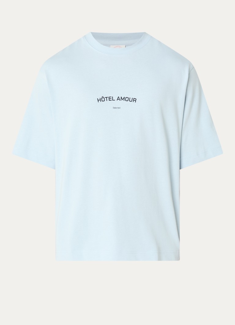 Selected Heren Liam T-shirt met front- en backprint in de kleur Lichtblauw, maat: XXL
