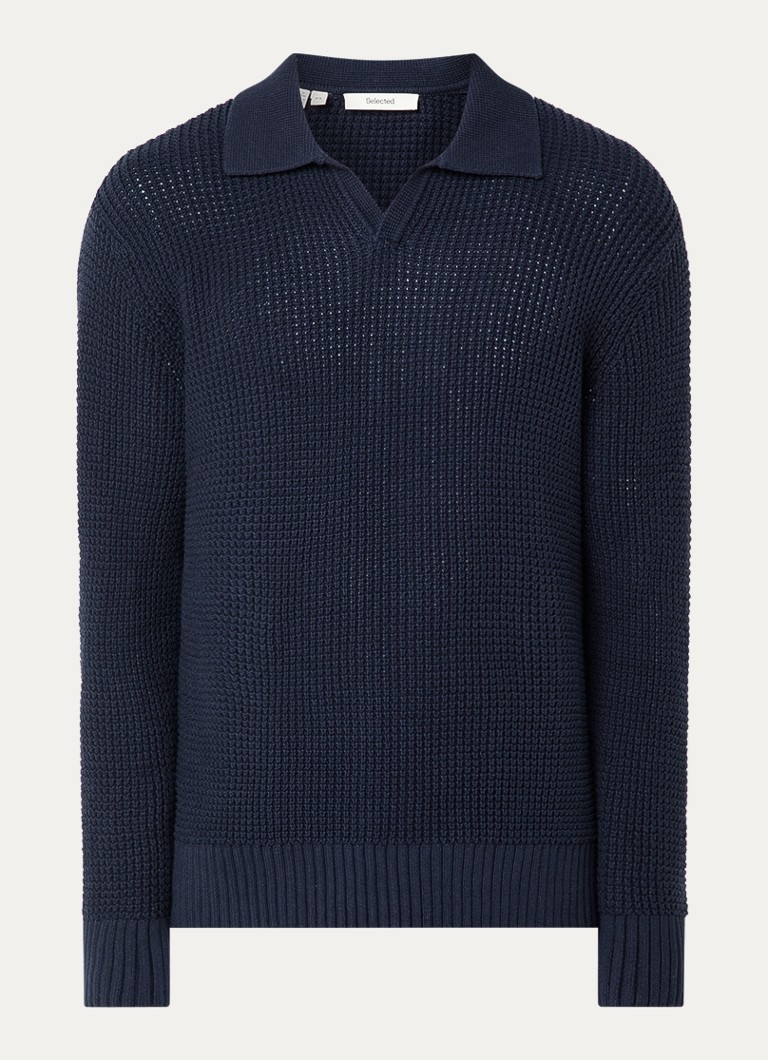 Selected Heren Dereck fijngebreide trui met kraag in de kleur Donkerblauw, maat: XL