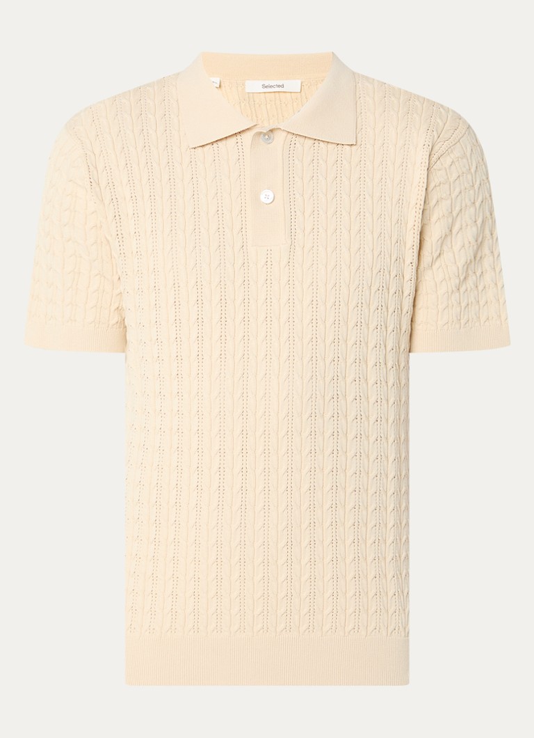 Selected Dames Mattis kabelgebreide polo met opengewerkt dessin in de kleur Beige, maat: XL