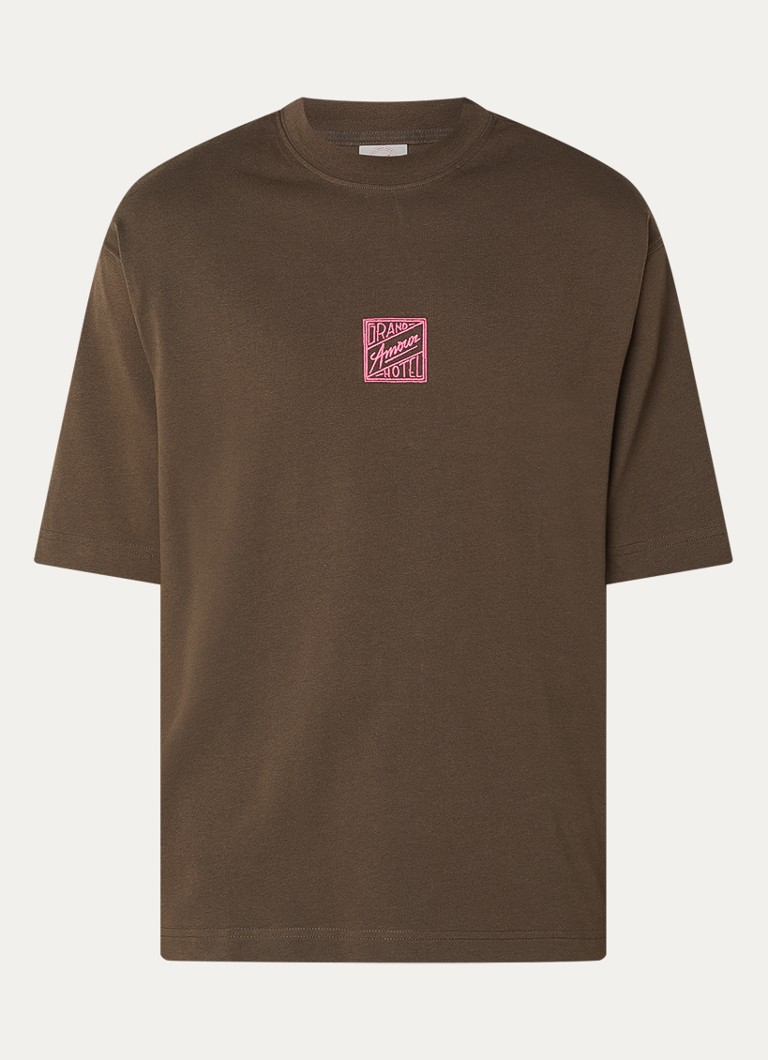 Selected Heren Brock T-shirt met borduring in de kleur Donkerbruin, maat: S