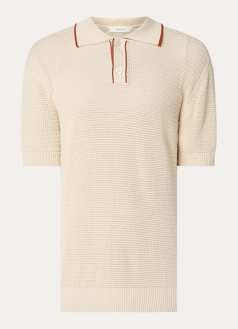 Selected Heren Jesse regular fit polo met opengewerkt dessin in de kleur Creme, maat: S