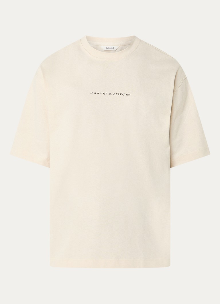 Selected Heren Norman T-shirt met logo- en backprint in de kleur Beige, maat: S