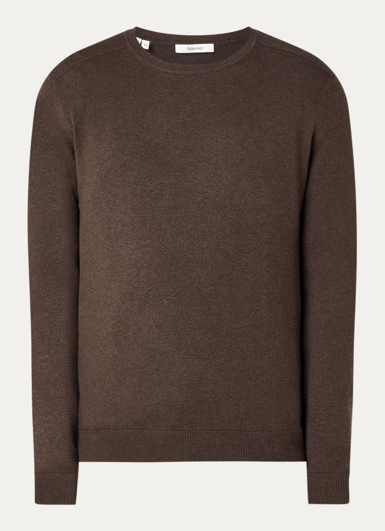 Selected Heren Berg fijngebreide pullover met ronde hals in de kleur Donkerbruin, maat: M