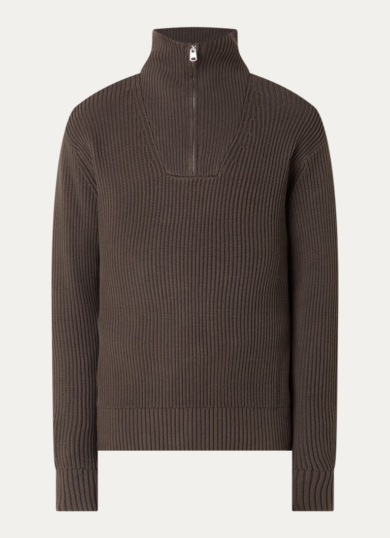 Selected Heren Fijngebreide pullover met halve rits in de kleur Bruin, maat: M