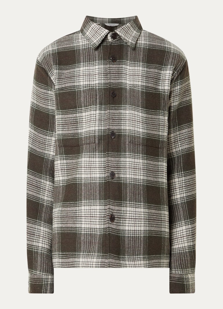 Selected Heren Ole overshirt in wolblend met ruitdessin in de kleur Mosgroen, maat: S