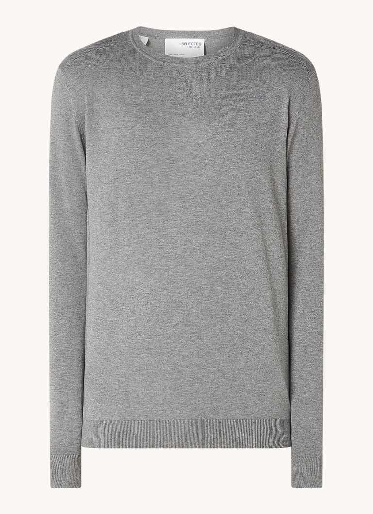 Selected Heren Berg fijngebreide pullover met gemêleerd dessin in de kleur Grijsmele, maat: XL
