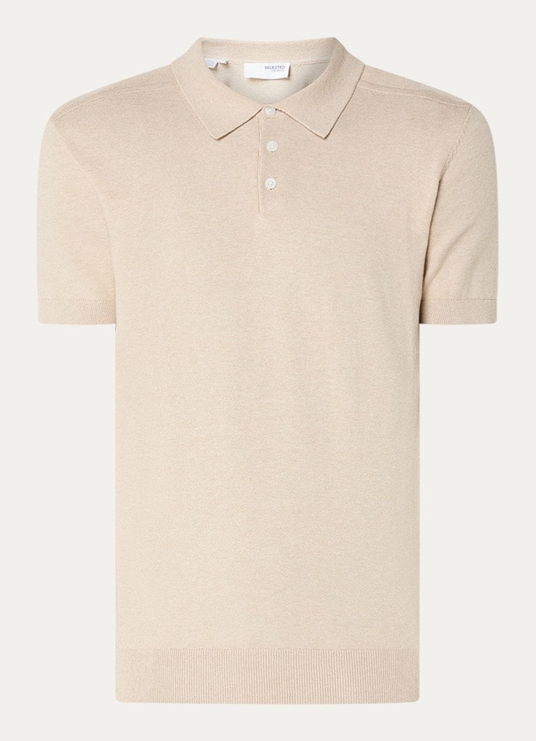 Selected Heren Fijngebreide regular fit polo in katoenblend in de kleur Creme, maat: S