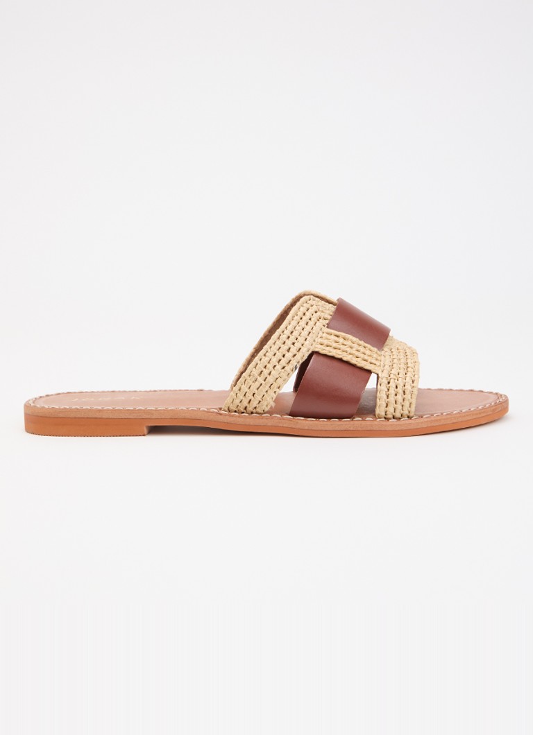 Jonak Dames Wilou slipper van leer met raffia details in de kleur Camel
