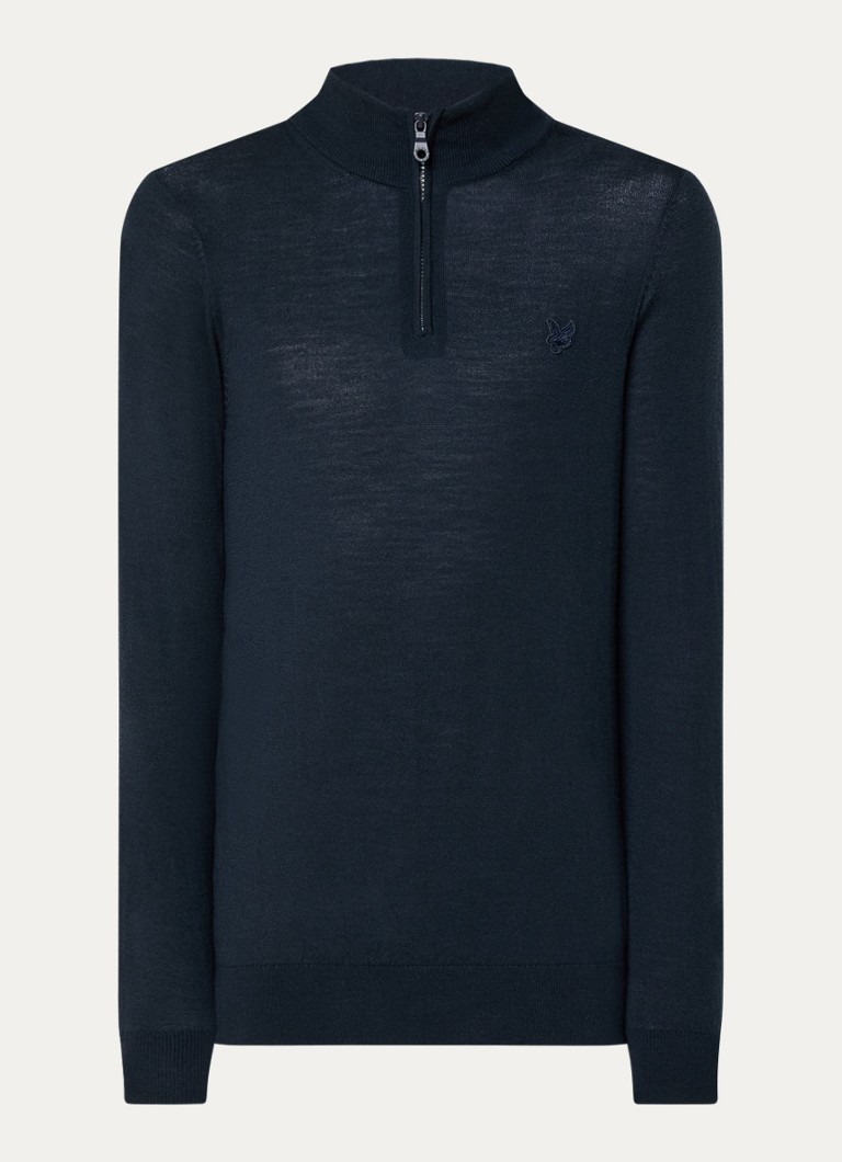 Lyle & Scott Heren Tonal fijngebreide pullover van wol met halve rits in de kleur Donkerblauw, maat: S