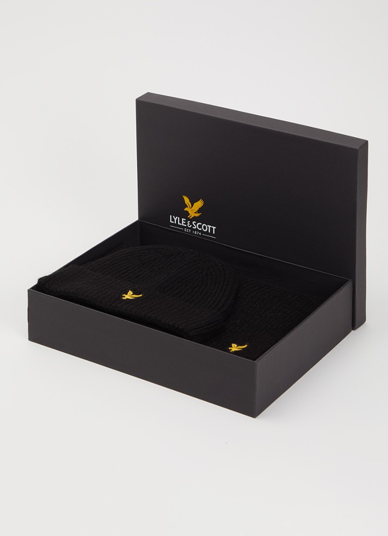 Lyle & Scott Heren Ribgebreide muts en sjaal 180 x 33 cm in giftbox in de kleur Zwart, maat: OS