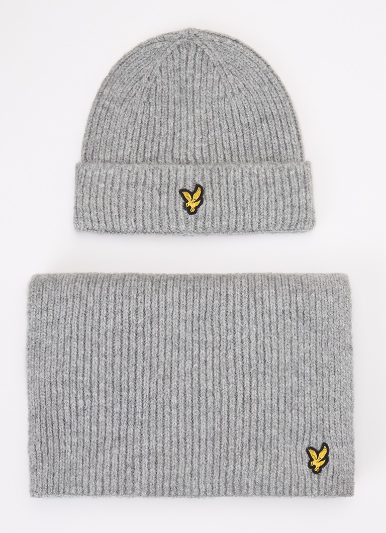 Lyle & Scott Heren Ribgebreide muts en sjaal 180 x 33 cm in giftbox in de kleur Grijsmele, maat: OS