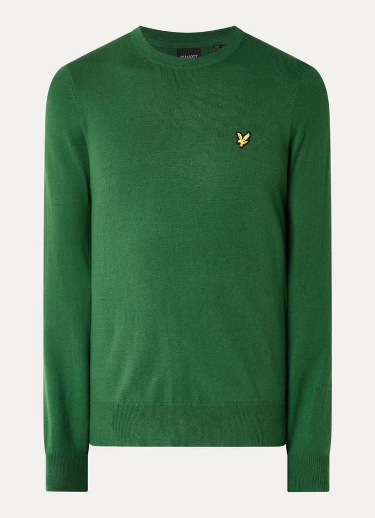 Lyle & Scott Heren Fijngebreide pullover in merino wolblend met logoborduring in de kleur Groen, maat: XS