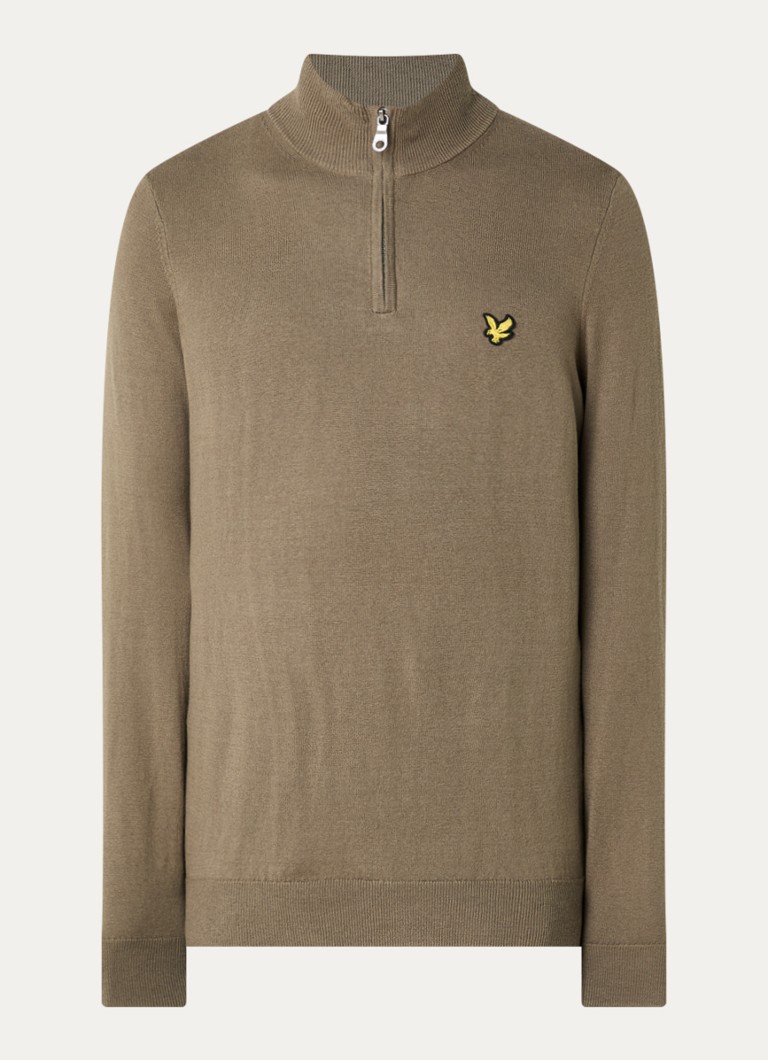 Lyle & Scott Heren Fijngebreide pullover in merino wolblend met halve rits in de kleur Donkerkhaki, maat: XXL