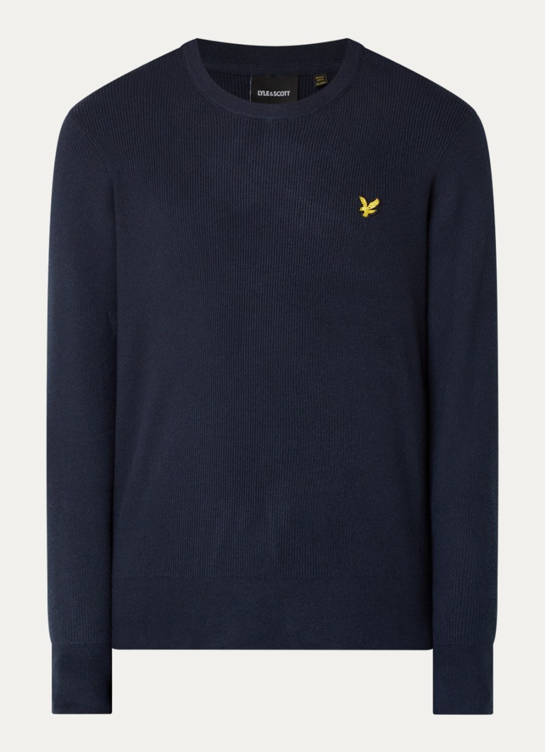 Lyle & Scott Heren Ribgebreide pullover met logo in de kleur Donkerblauw, maat: XXL