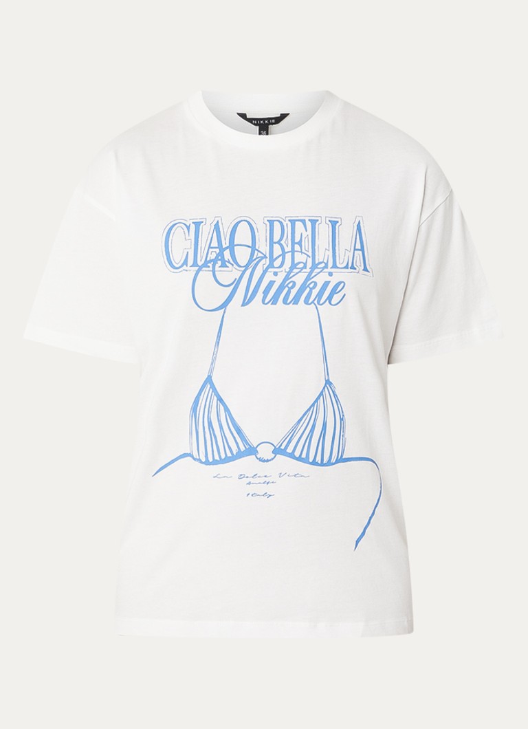 NIKKIE Dames Ciao Bella T-shirt met print in de kleur Wit