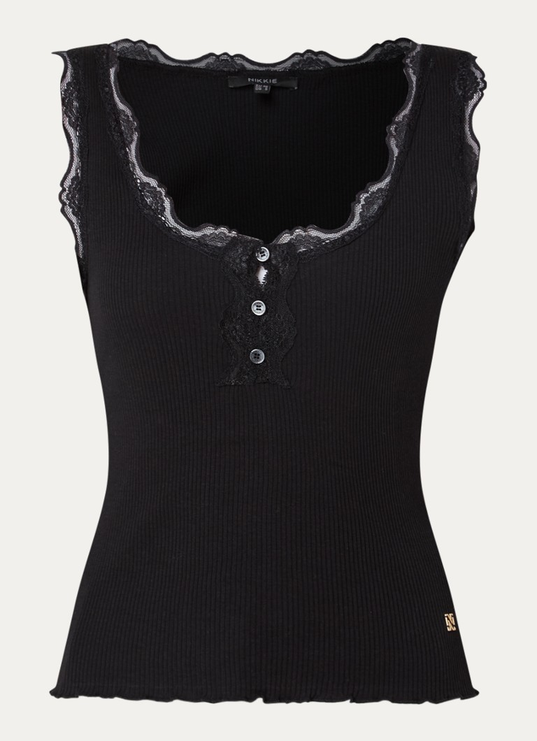NIKKIE Dames Arlynn tanktop met ribstructuur en details van kant in de kleur Zwart