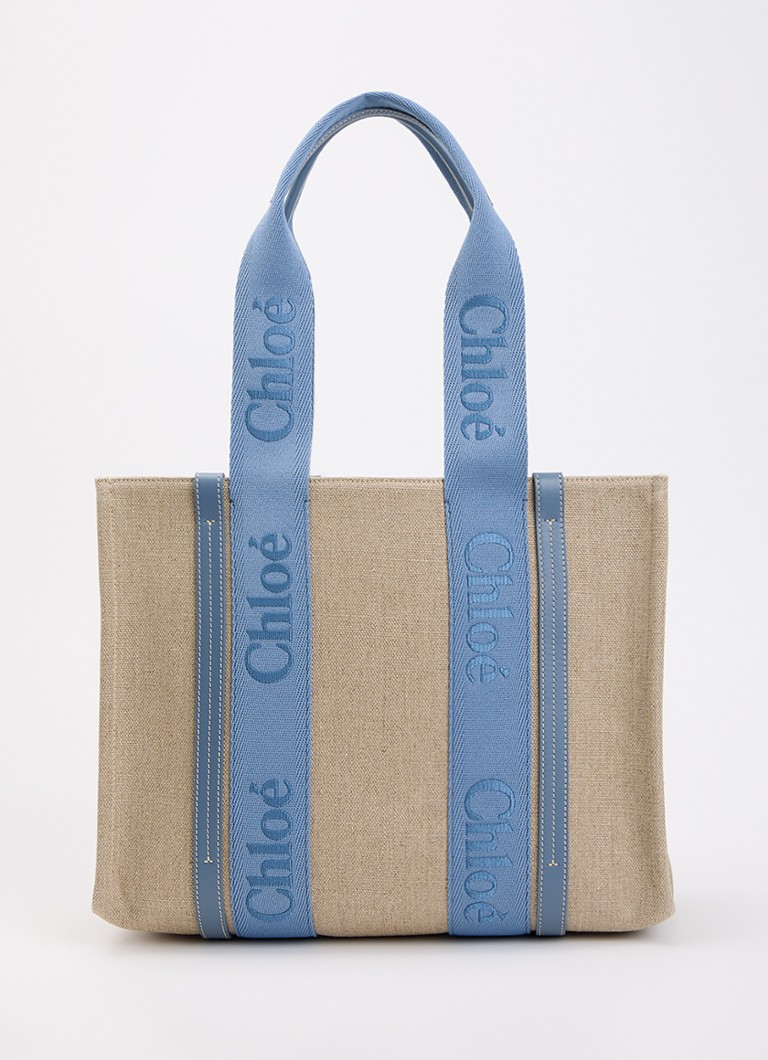 Chloé Dames Woody Medium shopper van canvas met kalfsleren details in de kleur Staalblauw, maat: one size