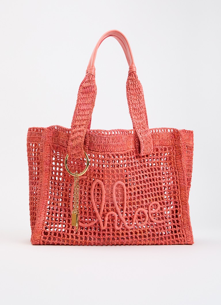 Chloé Dames Summer Banana shopper van raffia met leren details in de kleur Koraalroze, maat: one size