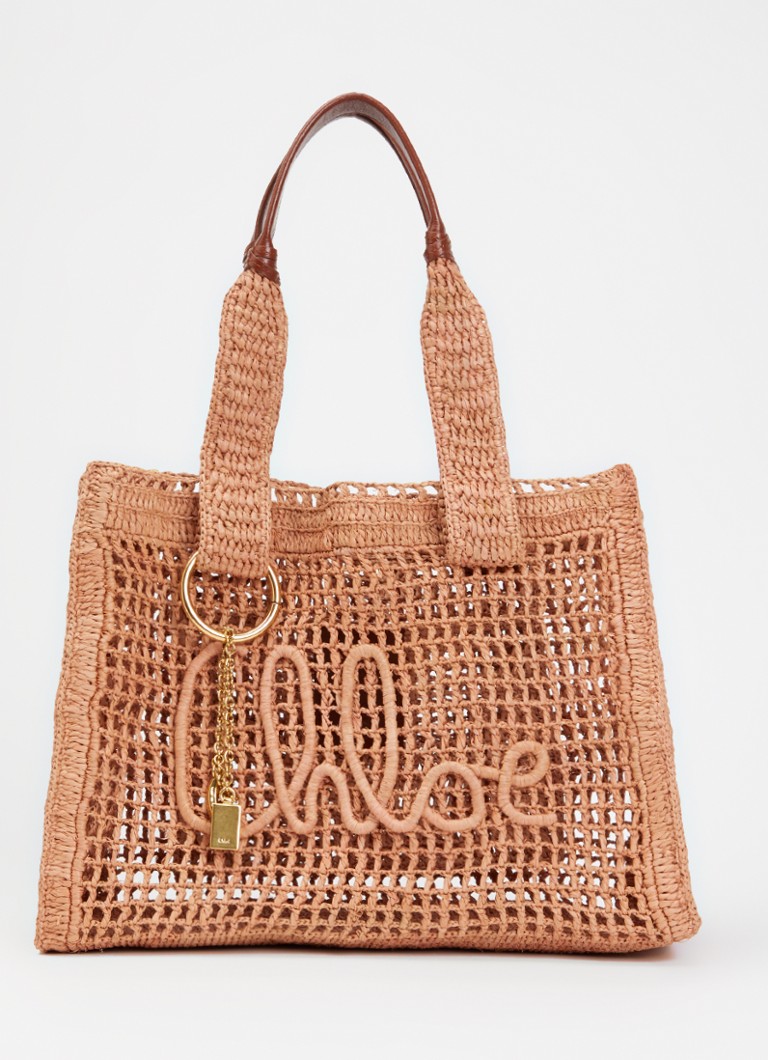 Chloé Dames Summer Banana shopper van raffia met leren details in de kleur Camel, maat: one size