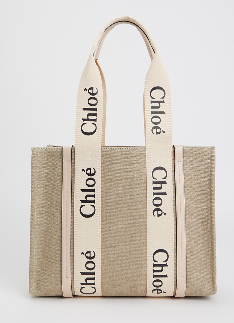 Chloé Dames Woody shopper van canvas met leren details in de kleur Beige, maat: One Size