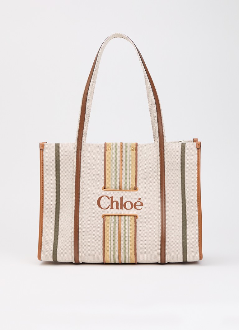 Chloé Dames Woody Loop Medium schoudertas van canvas met kalfsleren details in de kleur Beige, maat: 1SZ
