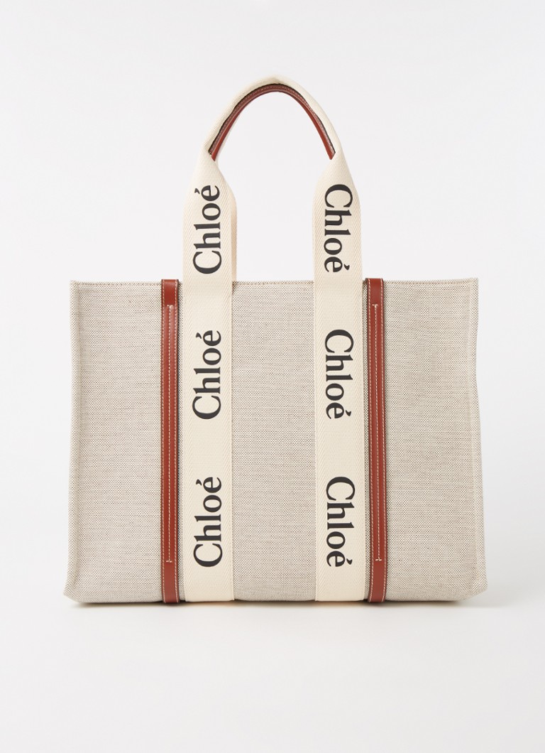 Chloé Dames Woody Large shopper van canvas met kalfsleren details