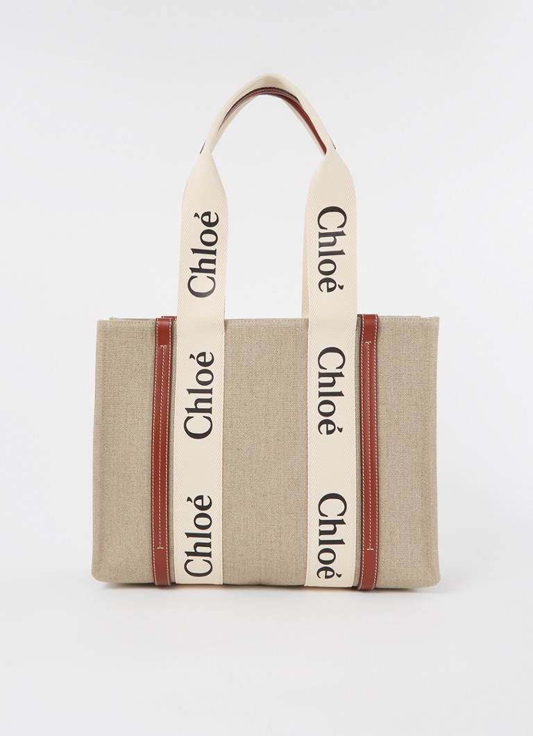 Chloé Dames Woody Medium shopper van canvas met kalfsleren details