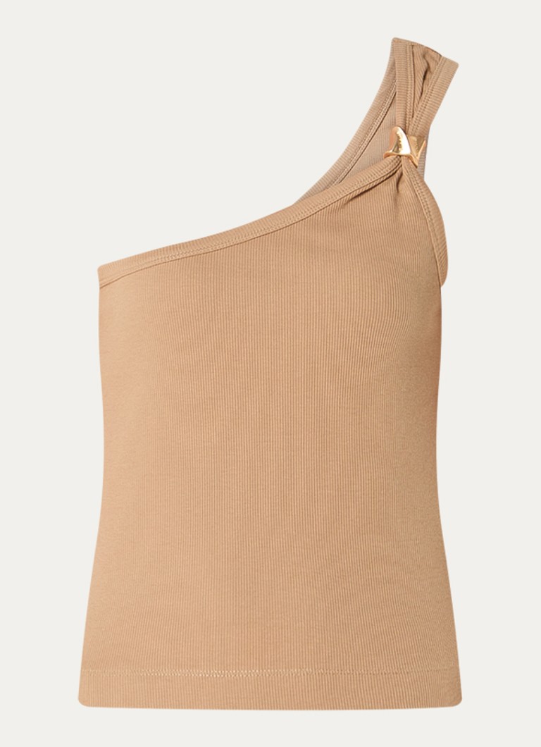 NIKKIE Dames Roselle one shoulder top met ribstructuur en kralendecoratie in de kleur Camel