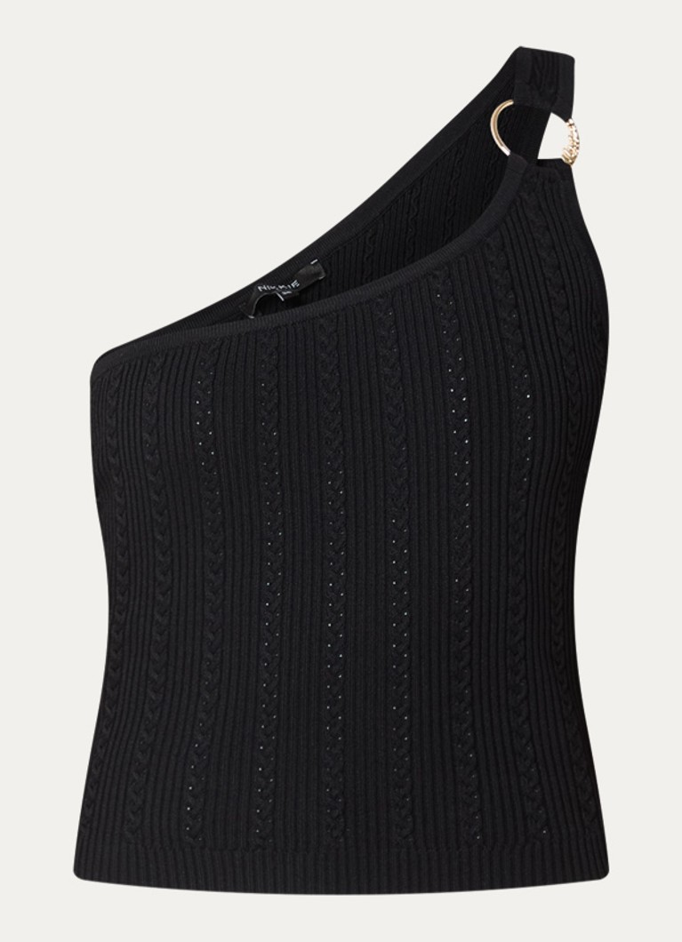NIKKIE Dames Oregon one shoulder top met ribstructuur in de kleur Zwart