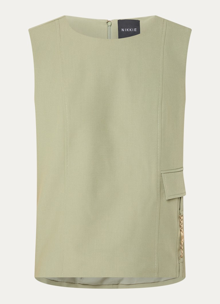 NIKKIE Dames Parlo mouwloze top met klepzak in de kleur Olijfgroen