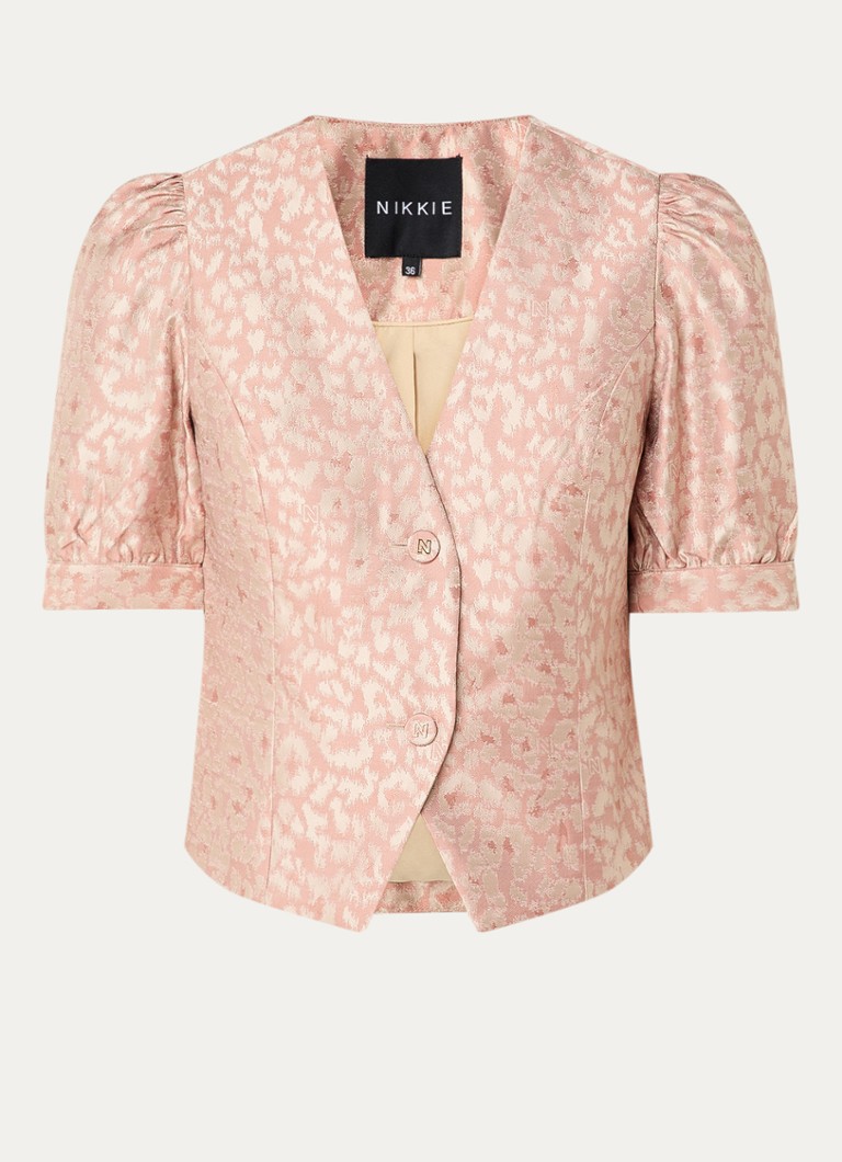 NIKKIE Dames Palencia blouse met panterprint en pofmouw in de kleur Zalmroze