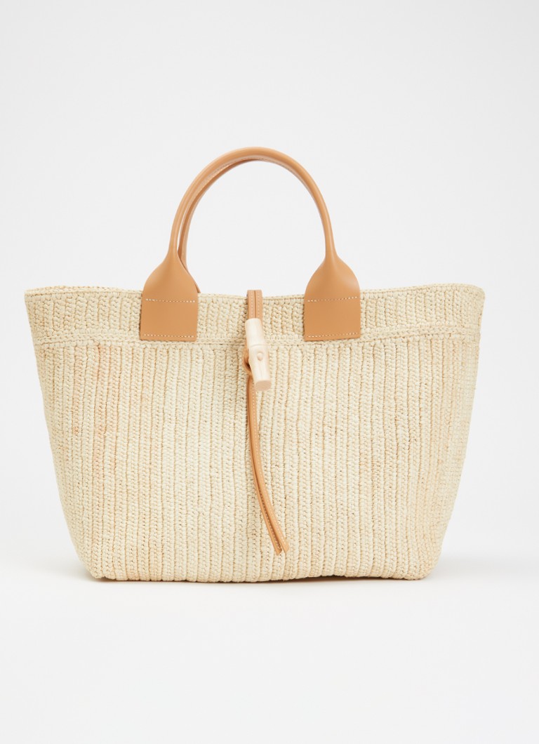 Longchamp Dames Le Roseau schopper L van raffia met kalfsleren details in de kleur Beige