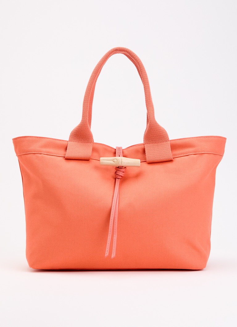 Longchamp Dames Le Roseau shopper van canvas met leren details in de kleur Koraalroze