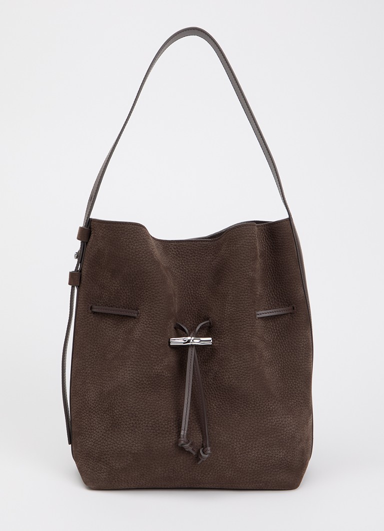 Longchamp Dames Le Roseau schoudertas M van leer met verstelbare schouderriem in de kleur Donkerbruin