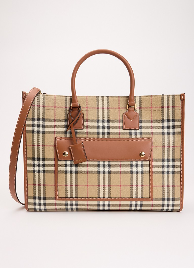 Burberry Dames Freya Medium shopper met ruitdessin en kalfsleren details in de kleur Khaki, maat: One Size