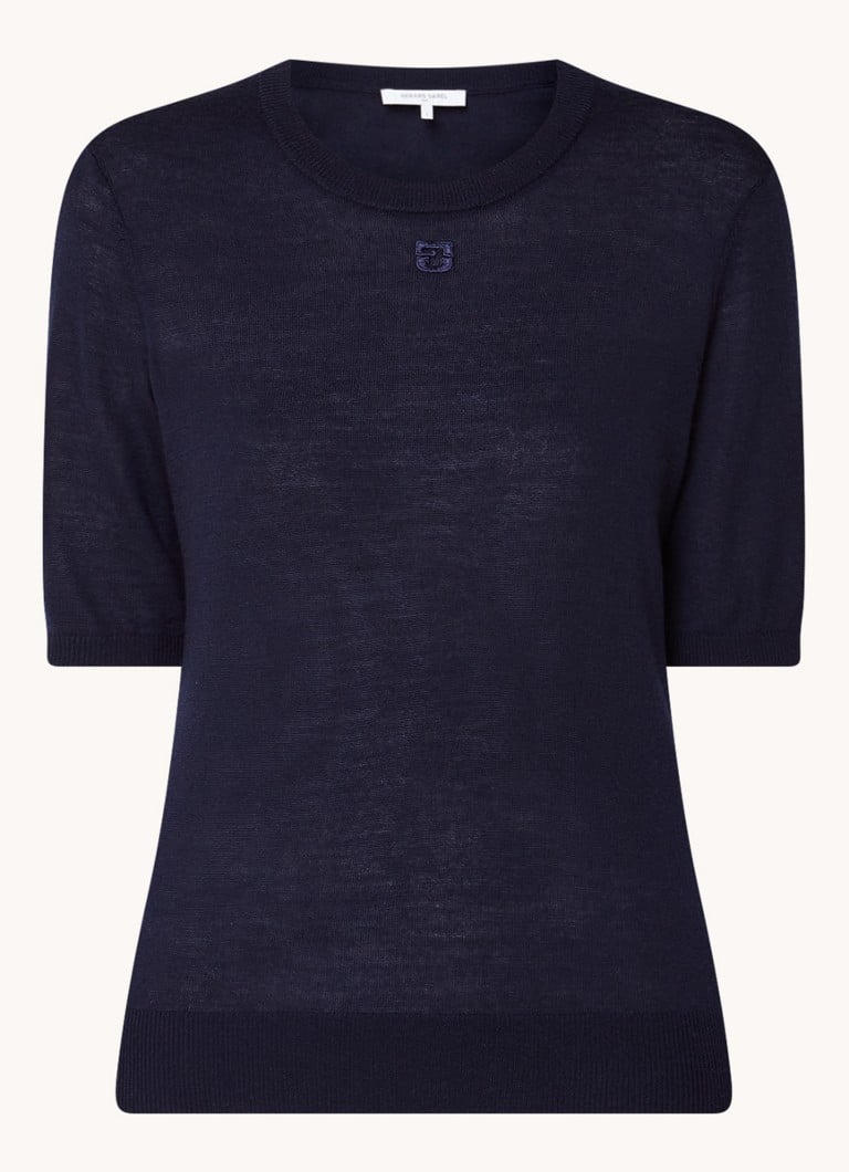 Gerard Darel Dames Lysea fijngebreide top van merino wol met logoborduring in de kleur Donkerblauw